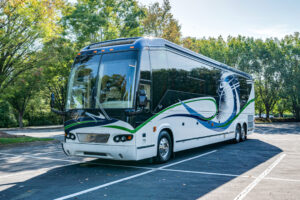 Front three-quarter exterior of 2009 Prevost H3-45 Marathon—luxury bus conversion for sale