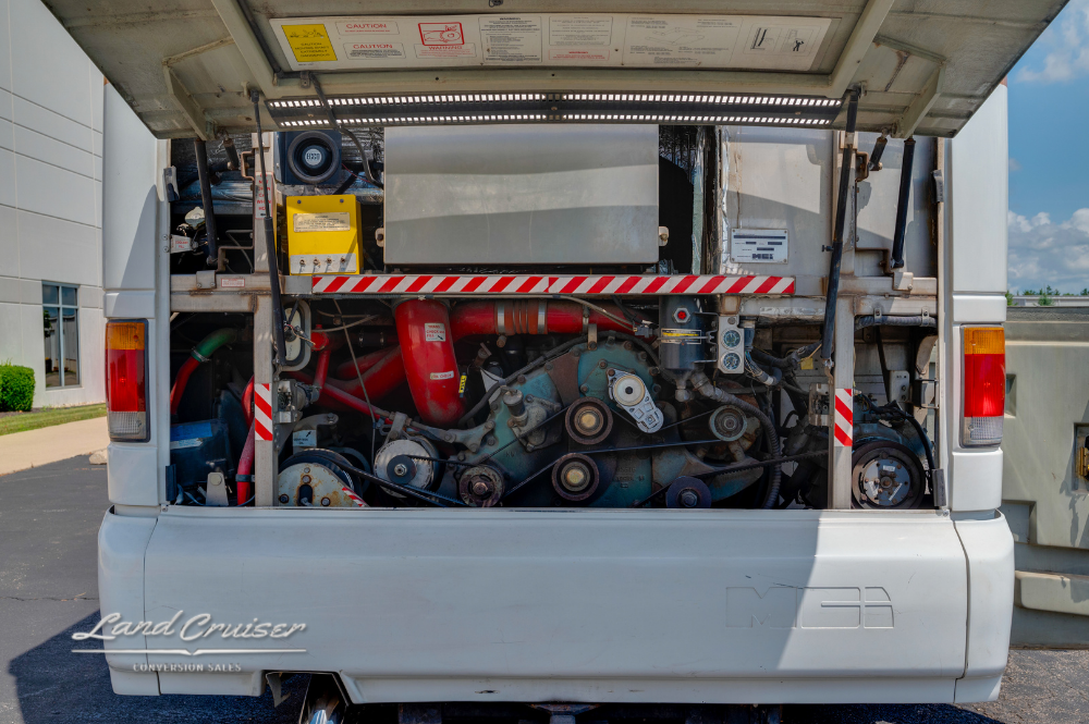 Rear engine bay of MCI 102EL3 motorhome with Detroit Diesel engine exposed