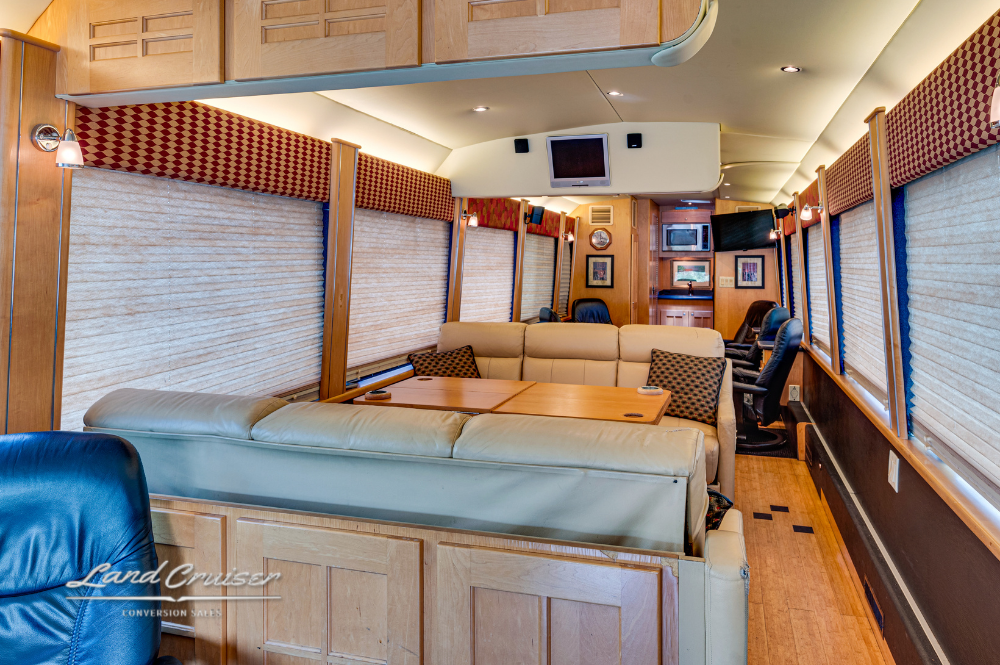 Custom wood cabinets, and ambient overhead lighting